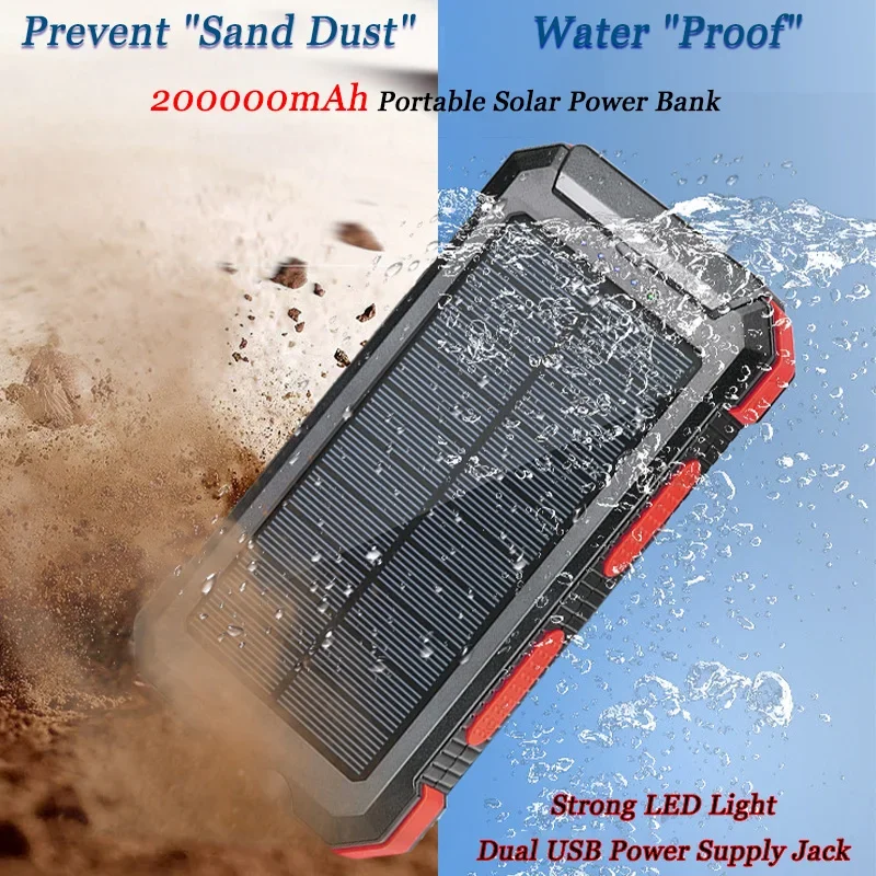 

200000mAh Large Capacity Solar Power Bank Dual Headlight Waterproof Fast Charging Dual USB Power Essential for Hiking Camping