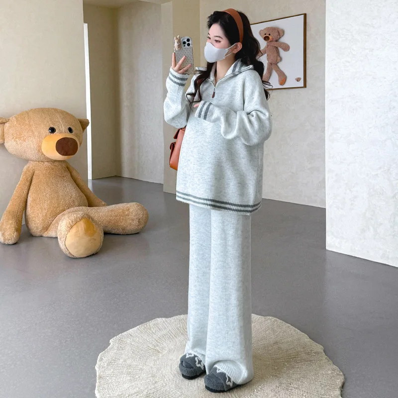 출산복 가을 겨울 심플하고 다재다능한 캐주얼 루즈 라펠 지퍼 스트라이프 스웨터와 와이드 레그 팬츠 투피스 세트