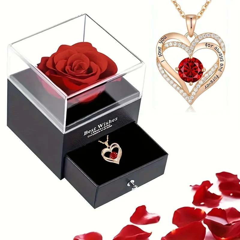 

Luxury Red Pendant Necklaces With Rose Flower Gift Box For Girlfriend Women I Love You Christmas Gifts 2023 Trendy Jewelry