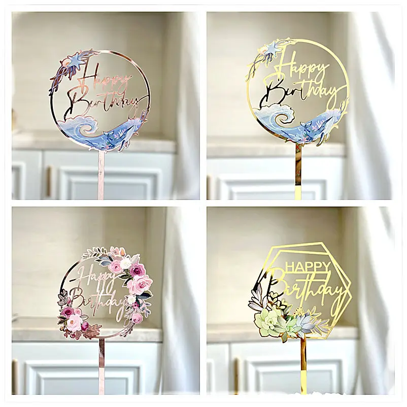 Cake Topper Cake Toppers Cake Decorations Gold Leaf Cake Decorations Birthday Party Supplies Party Decorations Ocean Wind Happy Birthday Acrylic Kids Party Dessert Decoration Baby Shower Gift