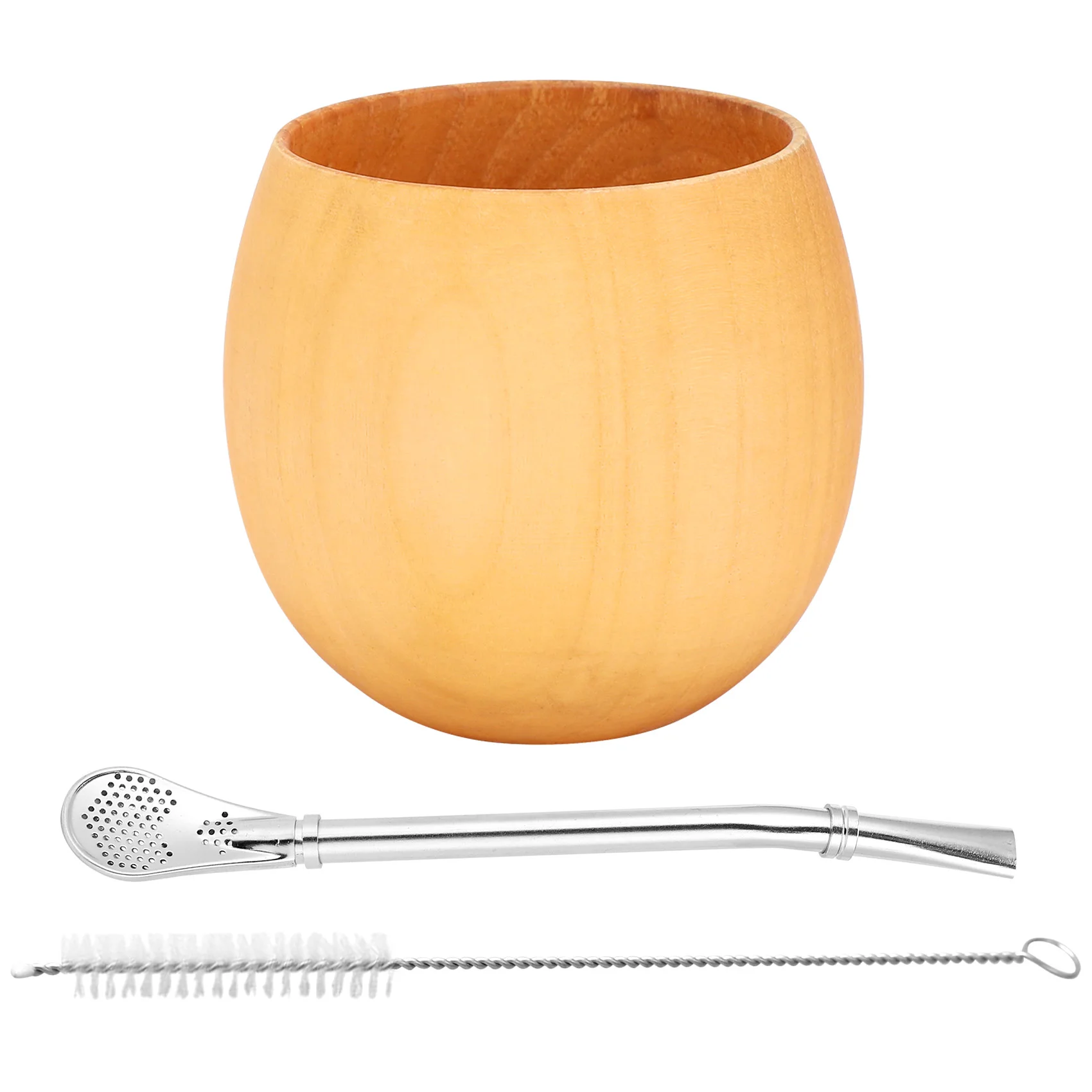 Wooden Yerba Gourd Mate Tea Set Handmade Natural Wood Coffee Water Mate Cup with Spoon Straw Bombilla Brush 200ML(Light)