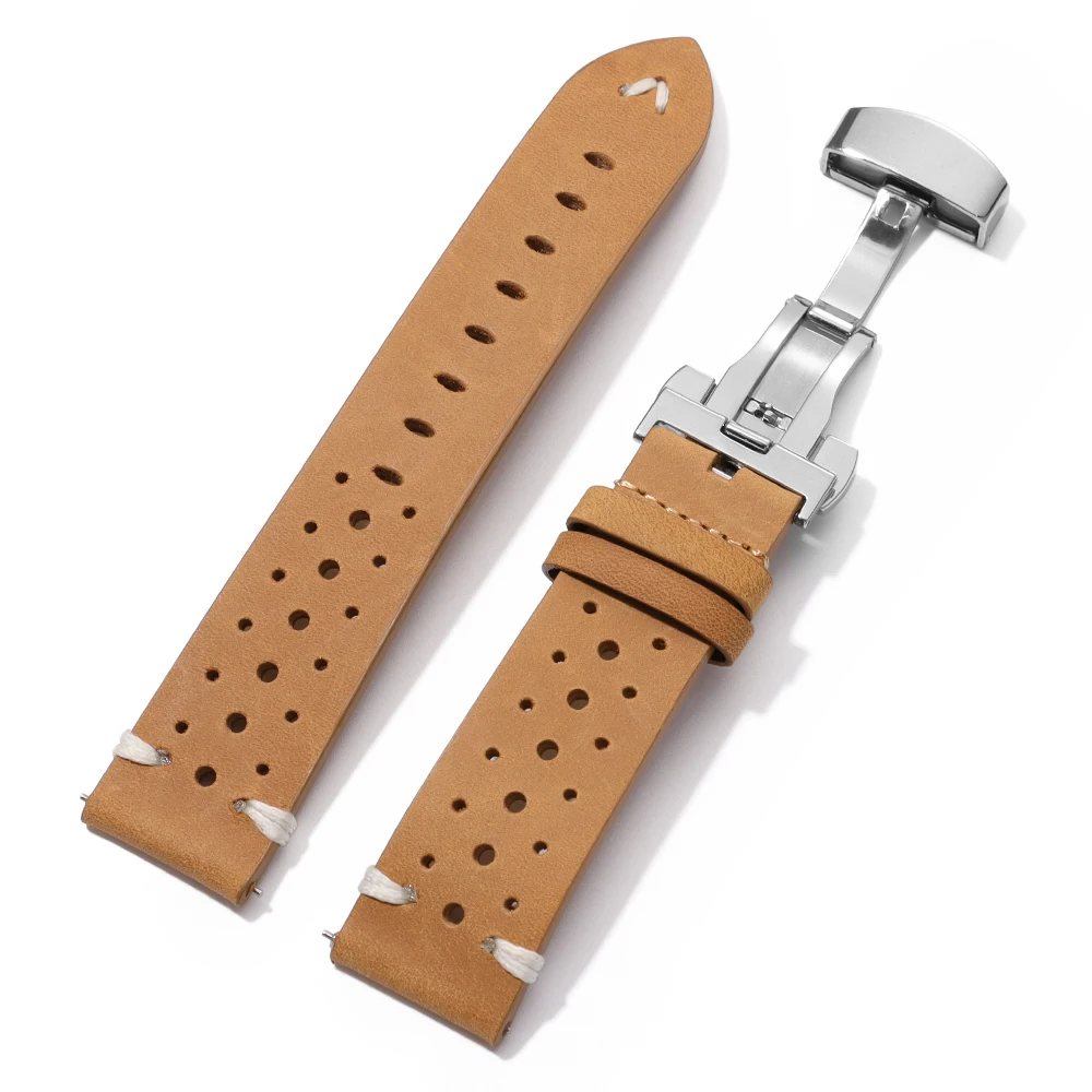 Breathable Cowhide Leather Watch Strap with Butterfly Clasp - Vintage Black, Red, Brown Wristband