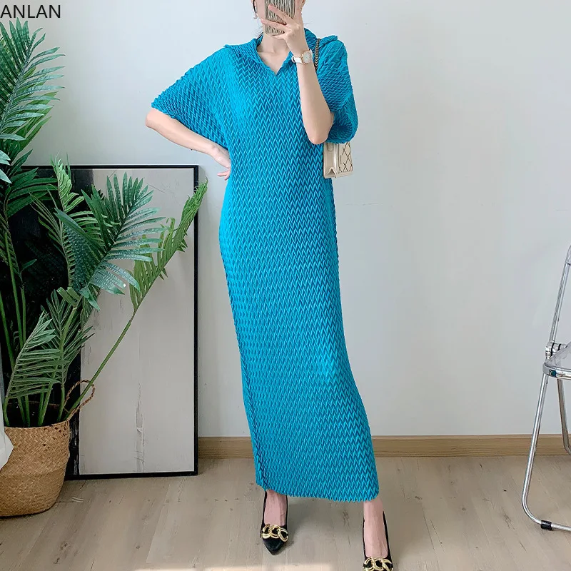 

Женское плиссированное платье миаке ANLAN, Летнее Длинное Платье-трапеция с V-образным вырезом, коротким рукавом и коротким рукавом, 6KK991, 2024