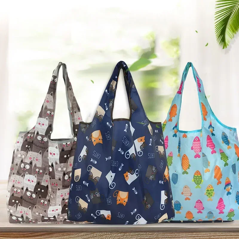 Folding Tote Bag Women Flower Cat Fish Print Eco-Friendly Heavy