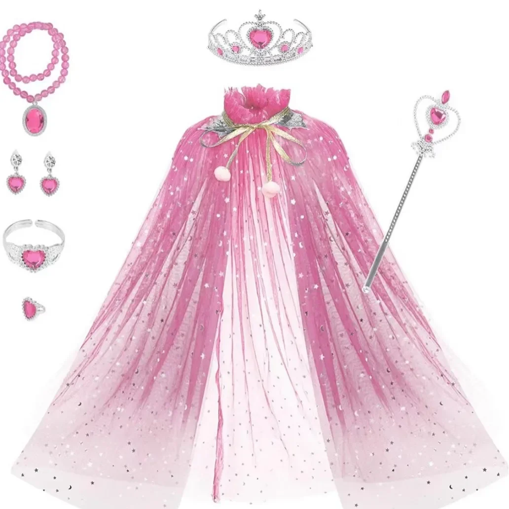 Princess Costume Set for Girls Includes Magic Wand Queen Crown Necklace Earrings Ring Jewelry Accessories Children's Playwear