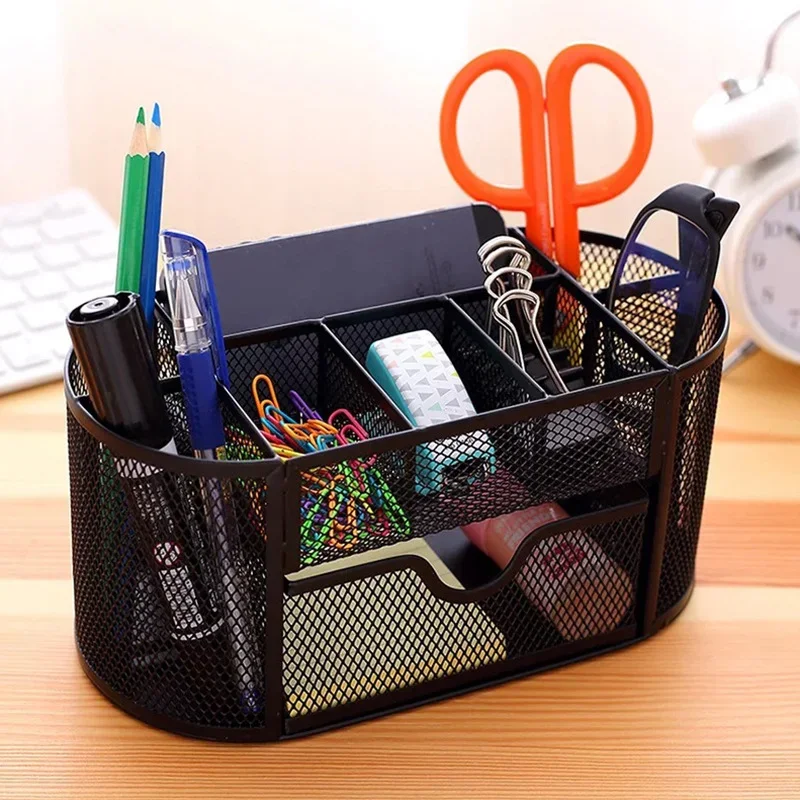 Pencil Holder 9 Compartments Pen Case Desktop Metal Mesh Stationery Storage Box With Drawer Teacher Supplies Organizer, pen holder, stationery storage box