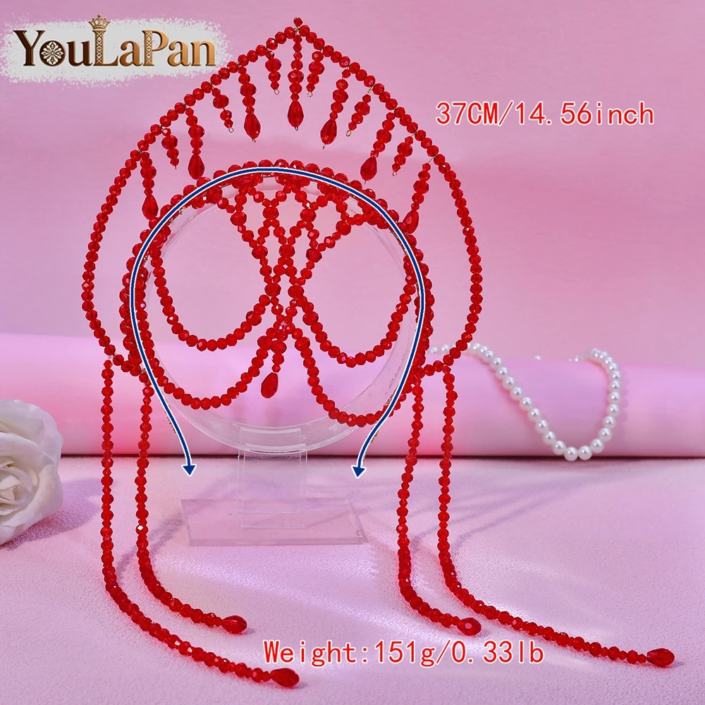 YouLaPan 럭셔리 레드 컬러 크리스탈 크라운 머리띠 Boho Tassel 신부 티아라 헤어 액세서리 파티 축제 헤드피스 A417