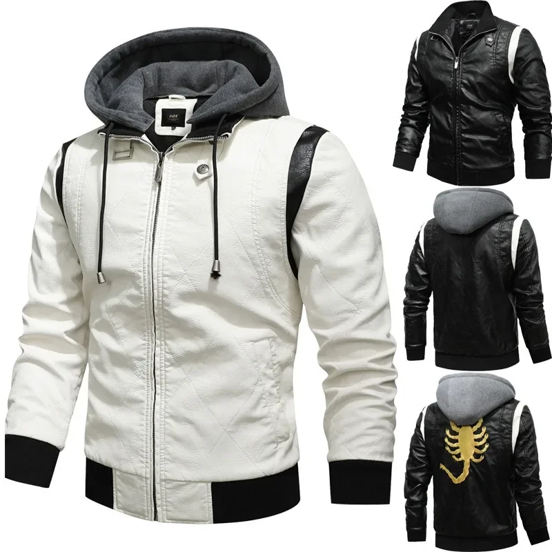 Autumn Winter Bomber Leather Jacket Men Scorpion Embroidery Hooded Jacket PU Leather Motorcycle Mens Ryan Gosling Drive