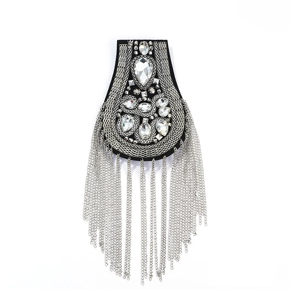 New Fashion Decorative Tassel Rhinestones Shoulder Pad Epaulet Punk Rivet Fringed Shoulder Stamp Brooch Pad Clothing Accessories