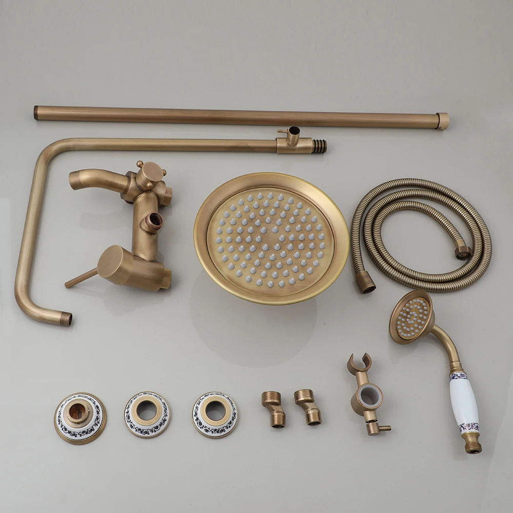 YANKSMART Antique Brass Bathroom Shower System Set Wall Mounted Sliding Bar Bath Shower Rainfall Swivel Spout Mixer Water Faucet