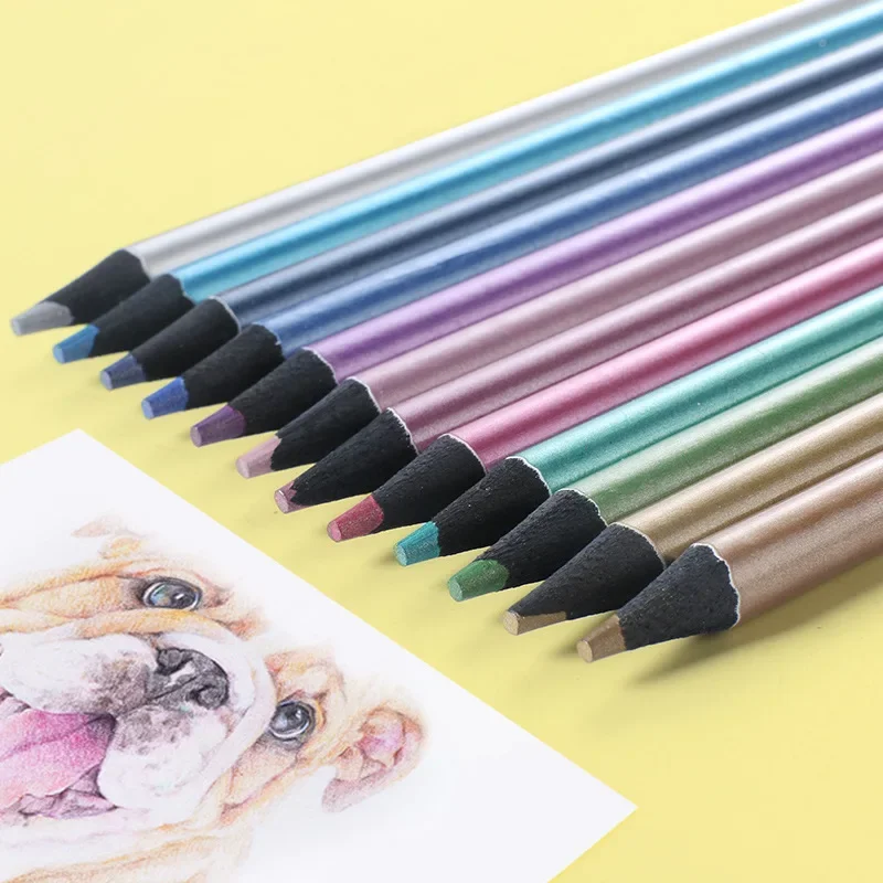 

12pcs/box Vintage Wooden Pencils Metallic Colored Pencil for Painting Sketching Korean Stationery Art Kawaii Drawing Pencil Set