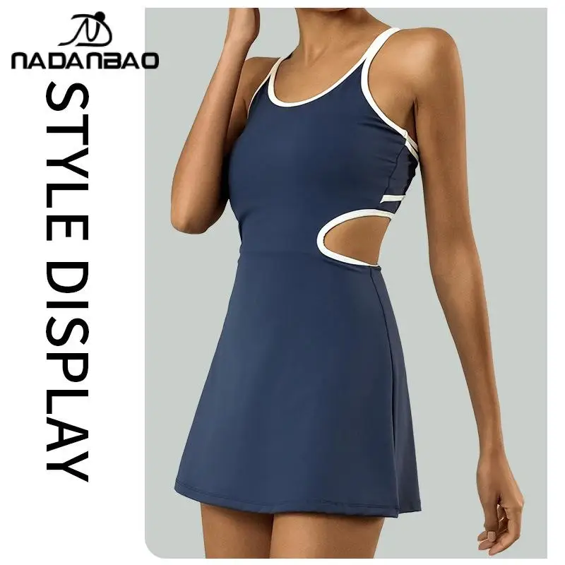 Nadanbao Outdoor Sports Women's Tennis Dress Fashion Casual Fitness Yoga Dress Female Backless Intersect Hollow Out Gym Clothes