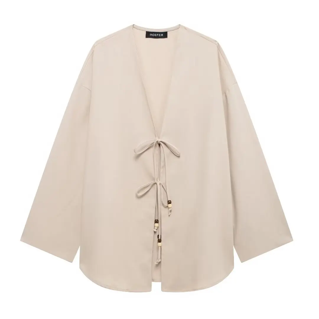 thumbnail image 1 of HH TRAF Conjunto de 2 piezas para mujer, chaqueta tipo kimono de algodón y lino con cuello en V, manga larga, cordones y pantalones anchos de lino con cintura elástica, 1 of 5