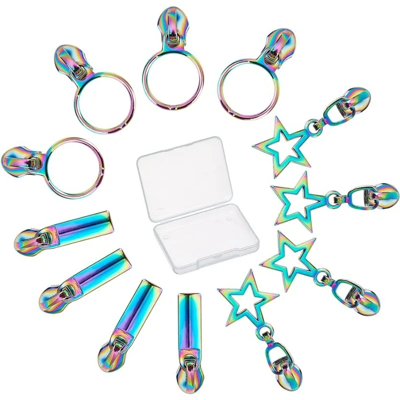 12PCS Rainbow Zipper Pulls Sliders Auto Lock Zipper Pull Colorful Star Round Metal Replacement Repair Kit Bulk Teeth Head