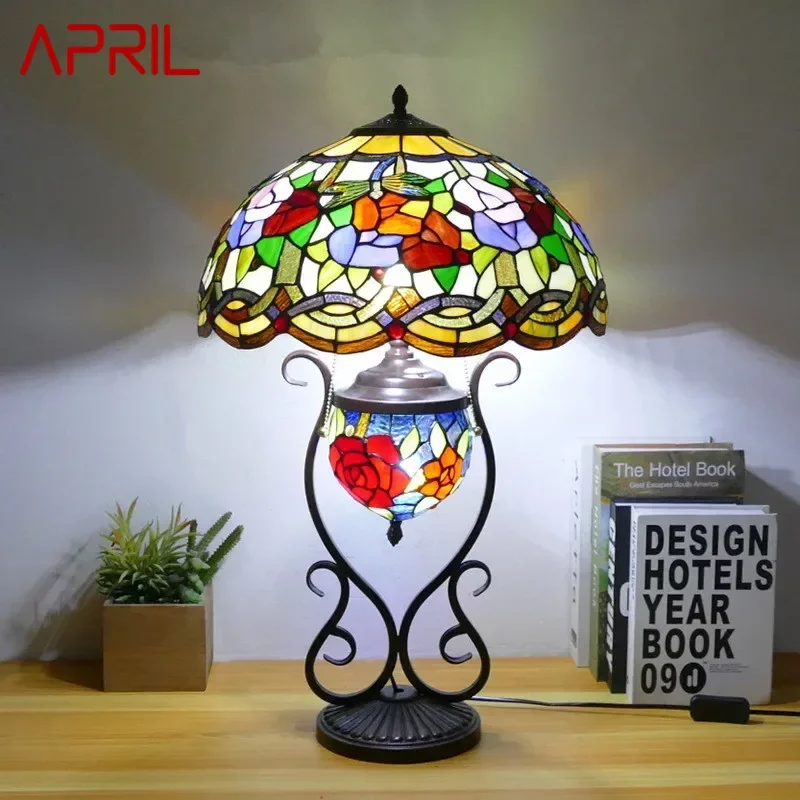 

APRIL Tiffany Table Lamp American Retro Living Room Bedroom Lamp Luxurious Villa Hotel Stained Glass Desk Lamp