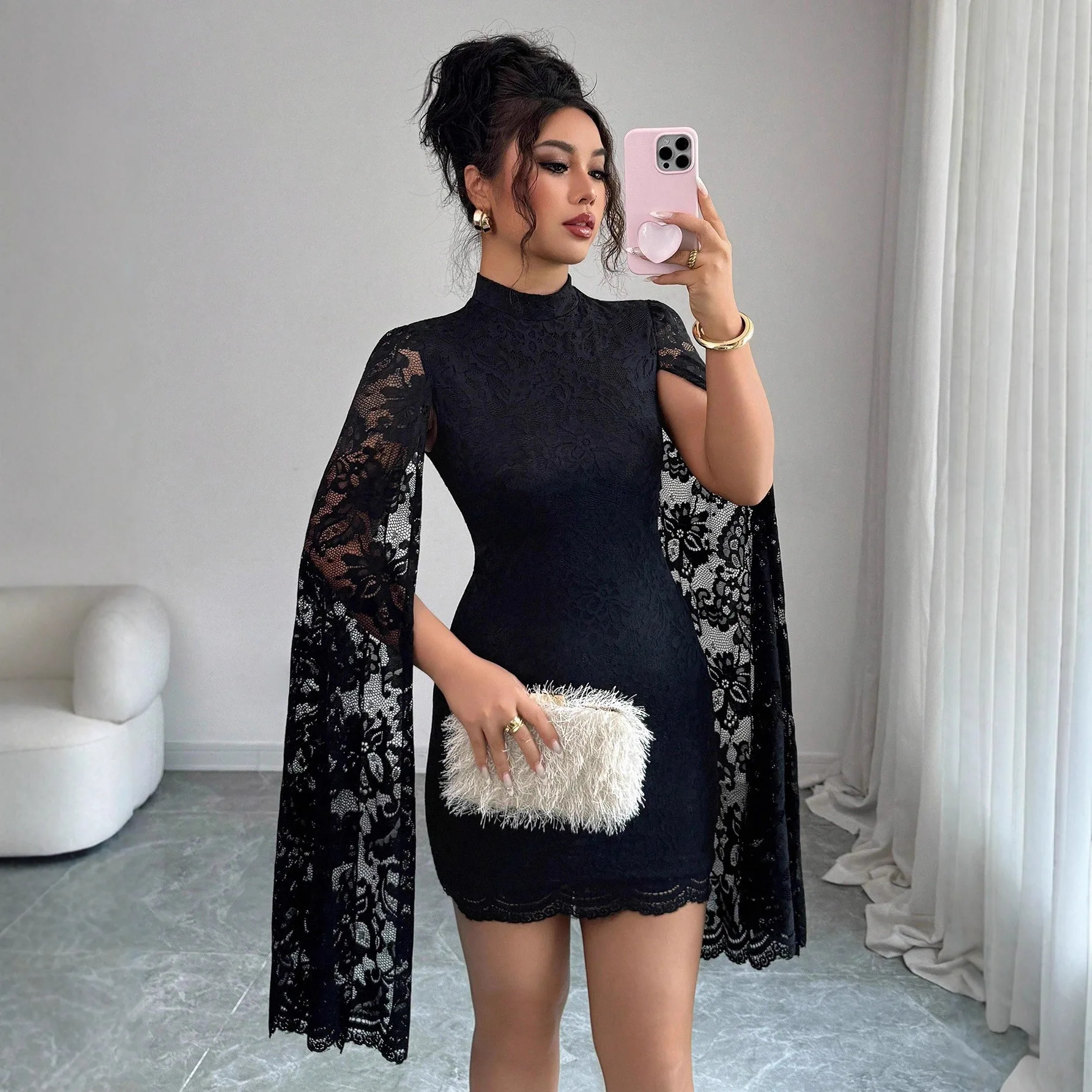 2025 New Fashion Lace Small Stand-up Collar Slit Long Sleeve Sexy Dress  Autumn and Winter Women Cw58154 - AliExpress 200000345