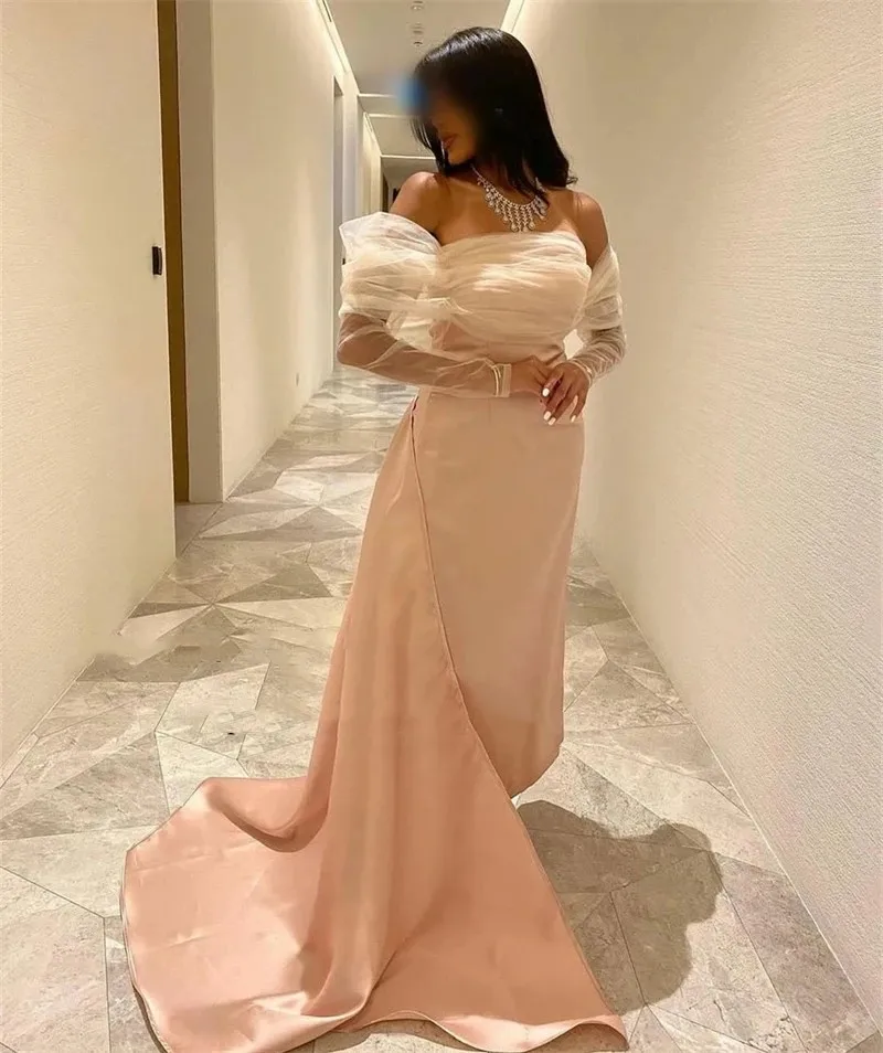 

Flora Dress Champagne Satin Prom Gown Mermaid Sweep Train Long Sleeves Boat Neck Luxury Saudi Arabia Formal Evening Dresses