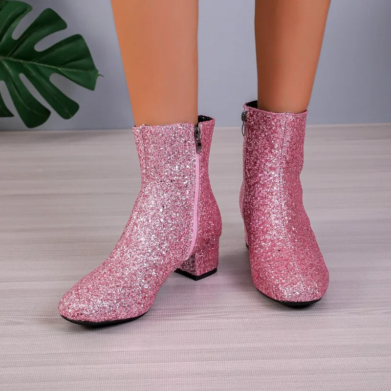 Shiny Women Shoes 2023 New Design Winter Women's Boots Fashionable Pointed Toe Pink Ankle Boots Thick Heel Zipper Short Boots