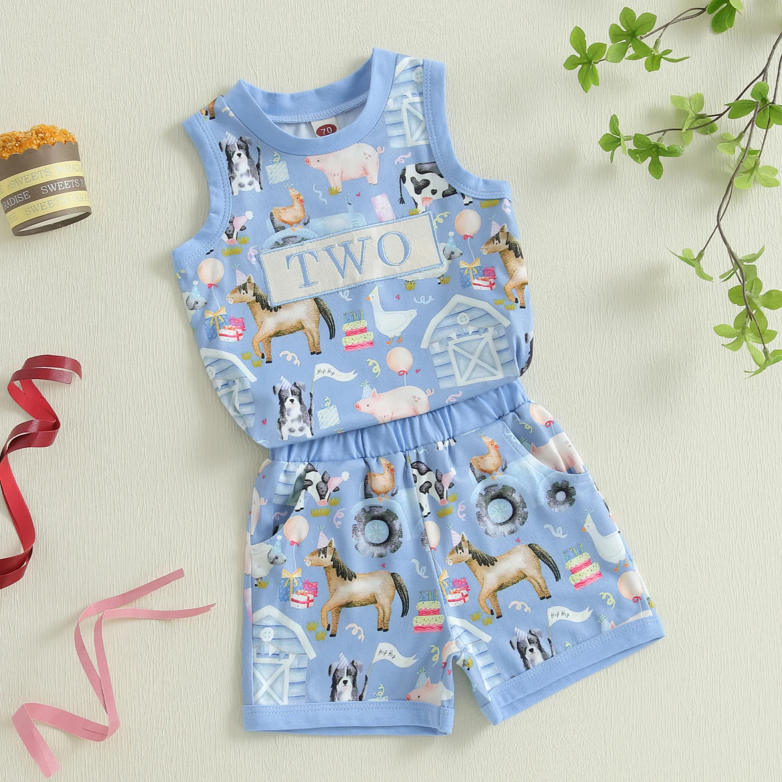 Summer New Toddler Boy Clothes Fashion Birthday Outfits Animal Print Sleeveless Tank Tops Elastic Waist Shorts Suits 1-2 Years
