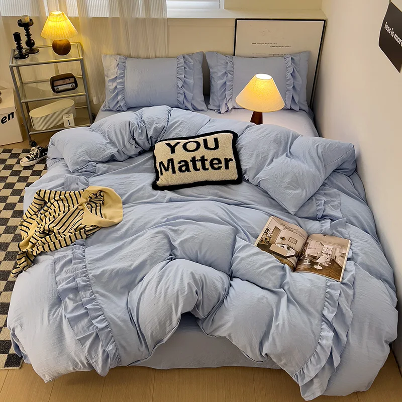 

Ins Style Bedding Set 2024 New Korean Style Lace Roll For Girls Boys Queen King Size Duvet Cover Quilt Set Washed Cotton