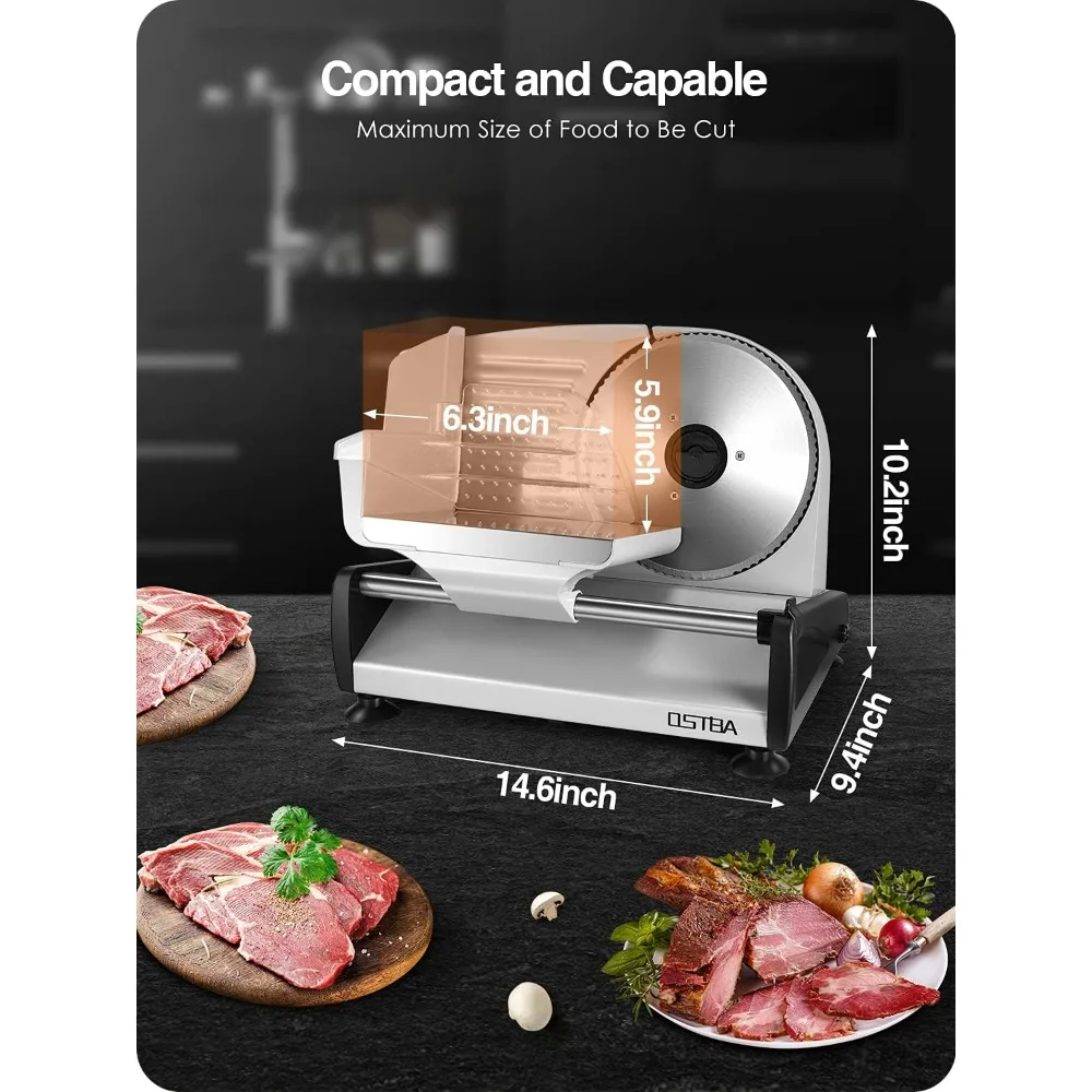 Meat Slicer 200W Electric Deli Food Slicer with 2 Removable 7.5" Stainless Steel Blade, Adjustable Thickness for Home Use, 6