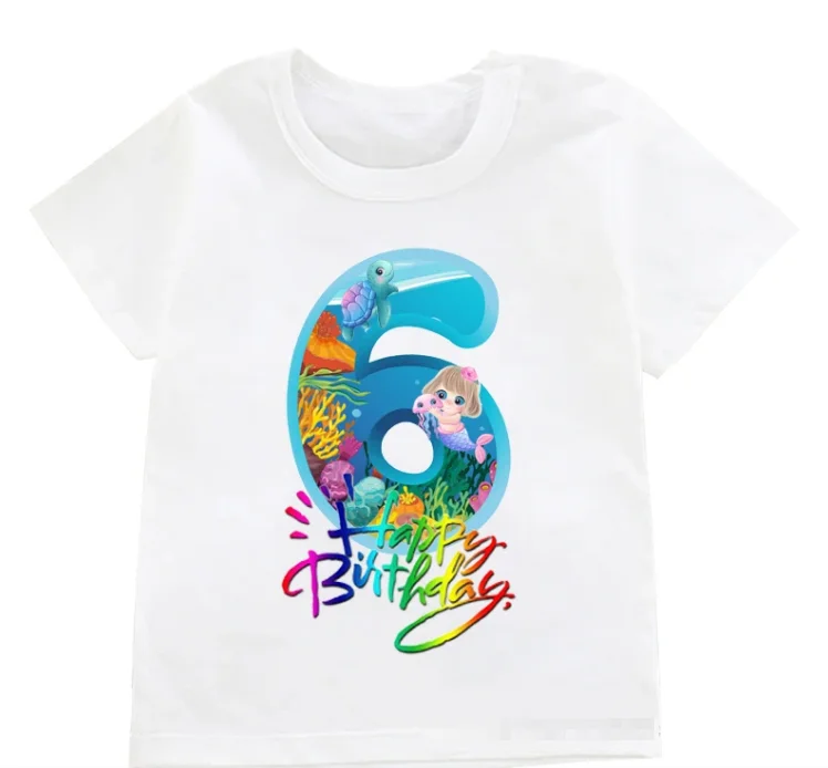 

Summer Hot Sale Ocean Number 1-8th Funny Birthday For Girls T-shirts Mermaid And Sea Turtle Graphic Print Children’S Fashion G