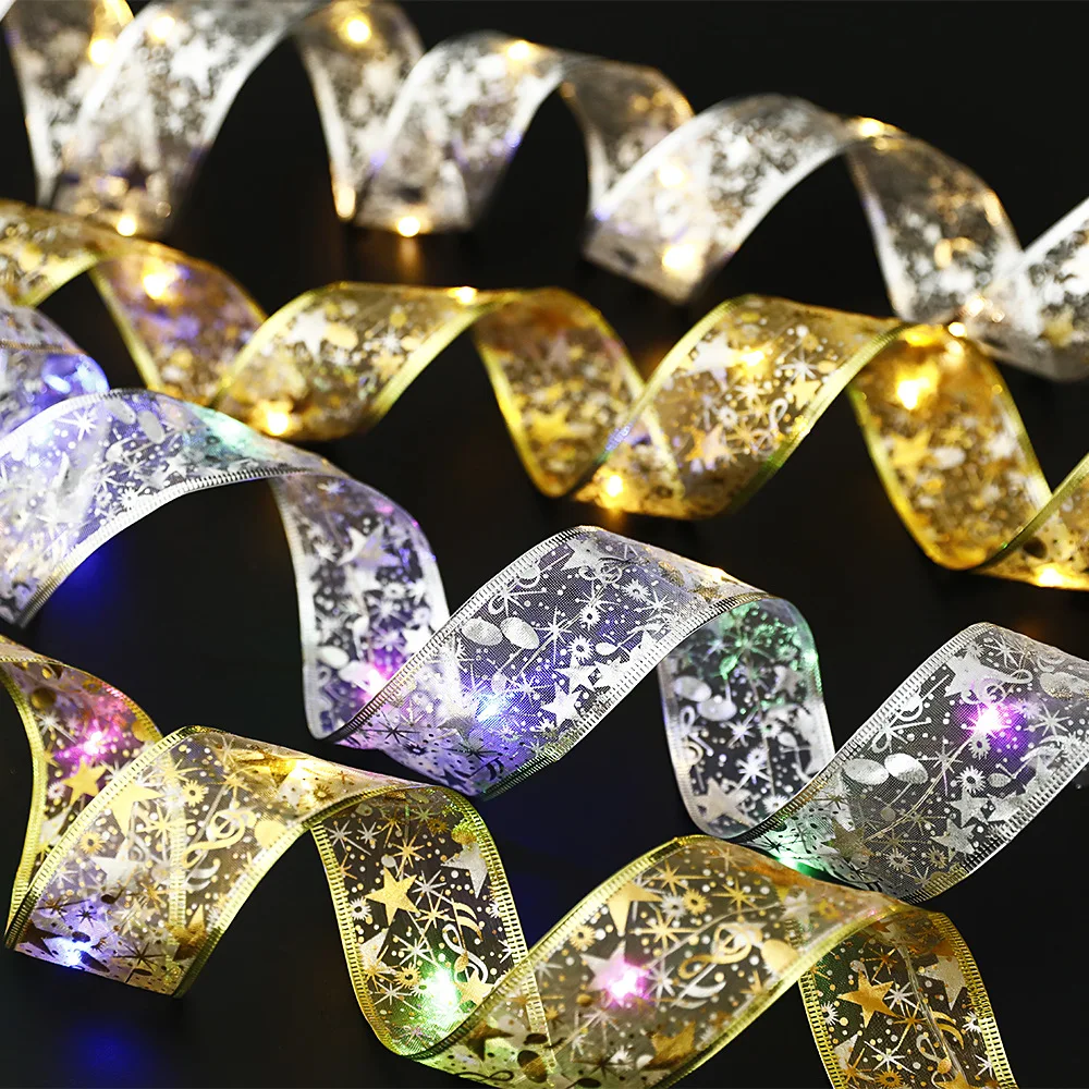 Christmas Decoration LED Ribbon Lights Tree Ornaments DIY Lace Bows String Light