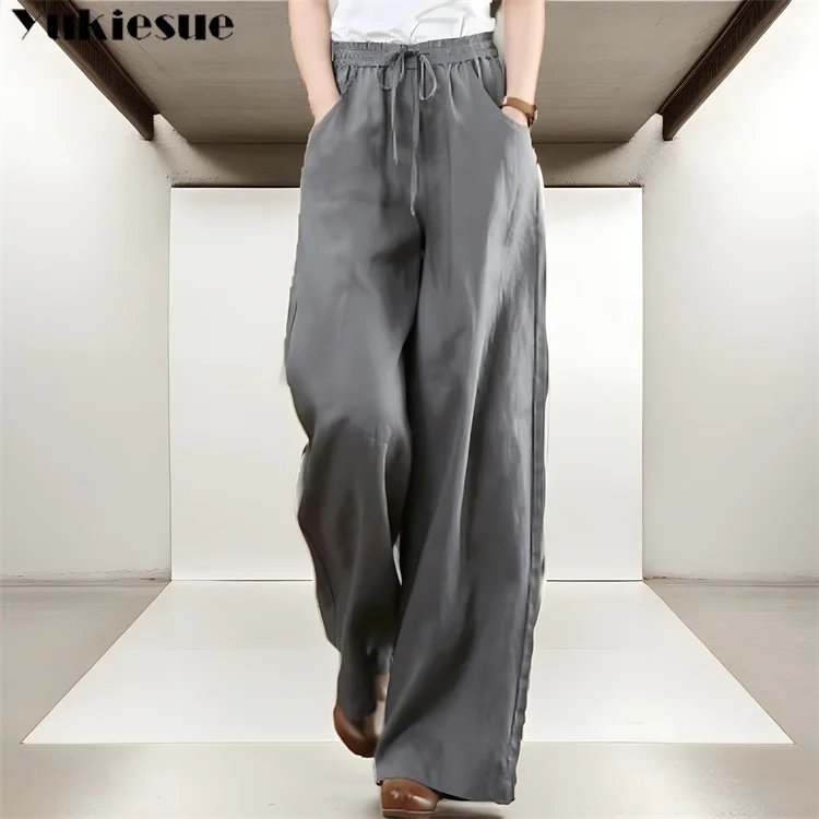 

Casual Solid Color Pants Spring Summer Clothes Elastic Waist Loose Womens Wide Leg cotton and linen Trousers with Pocket