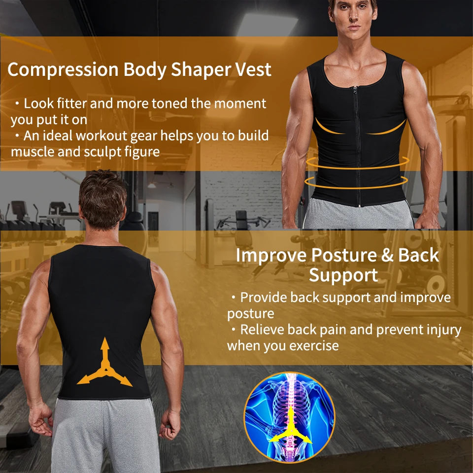 Men Sauna Sweat Vest Hot Polymer Corset Compression Waist Trainer Vest Workout Tank Top Zipper Weight Loss Body Shaper Shirt