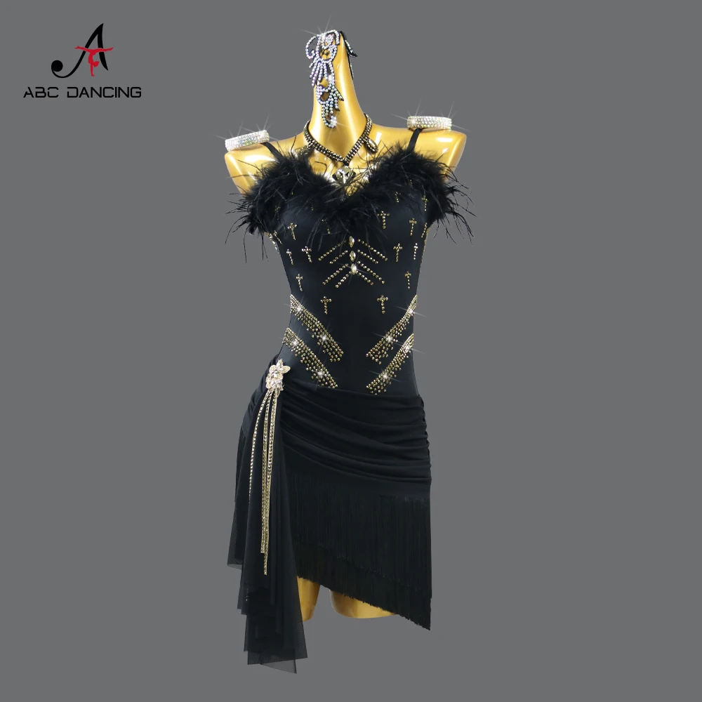 2024 Latin Dance Clothing Women Feather Dress Female Suit Stage Costume Party Line ball Samba Skirt For Girls Practice Wear Tops