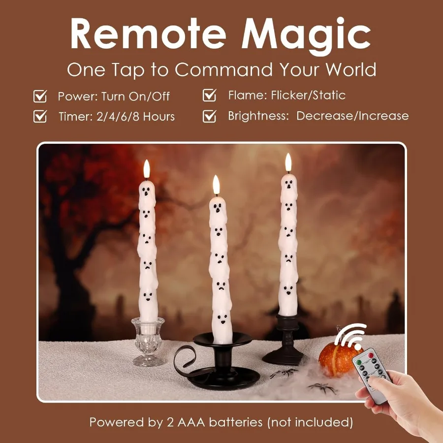 Halloween Flameless Taper Candles with Remote Spooky White Ghost LED Candlesticks Battery Operated Flickering for Decorative Ta