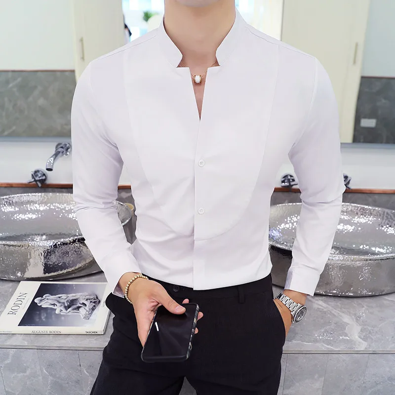 Mens Long Sleeve Shirt High Quality Stand Collar Casual Slim Solid Color Summer Fashion Men\'s Clothing Shirt Oversized Size 5XL