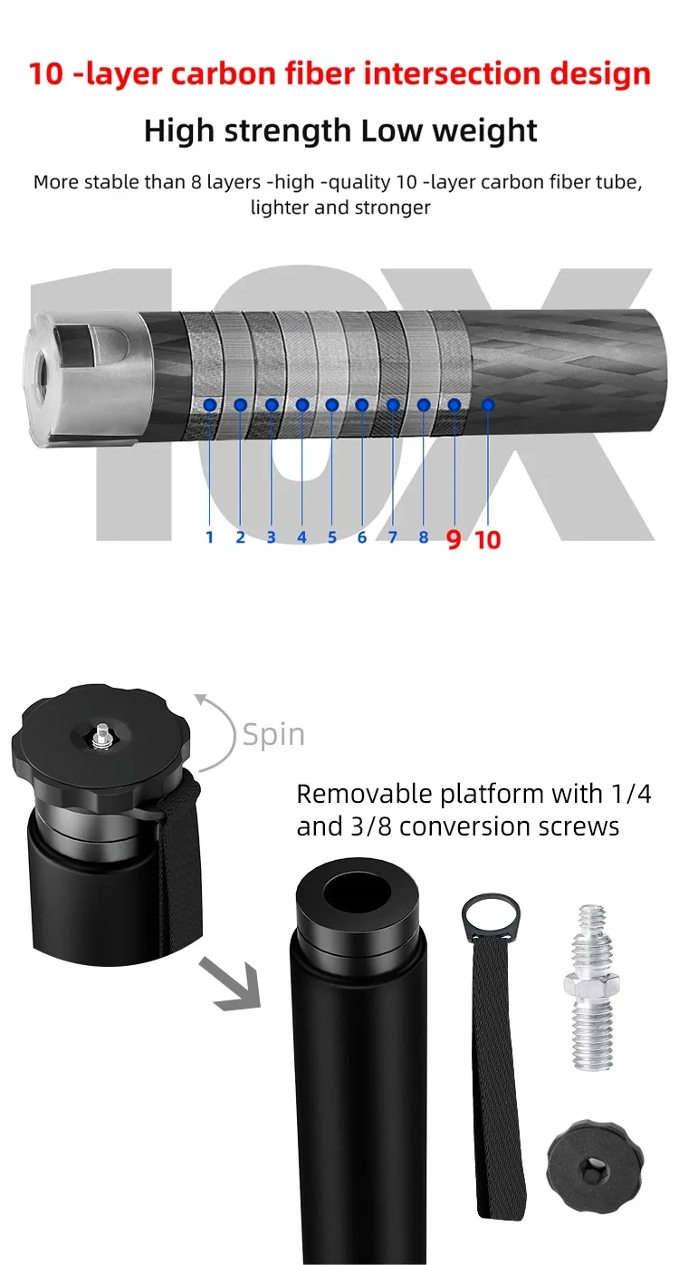Bexin-Portátil Fibra de Carbono DSLR Câmera Monopé,