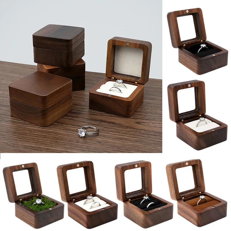 

Vintage Wooden Ring Box Jewelry Organizer Square Wood Grain Wedding Rings Holder Earrings Jewelry Display Packaging Gift Boxes