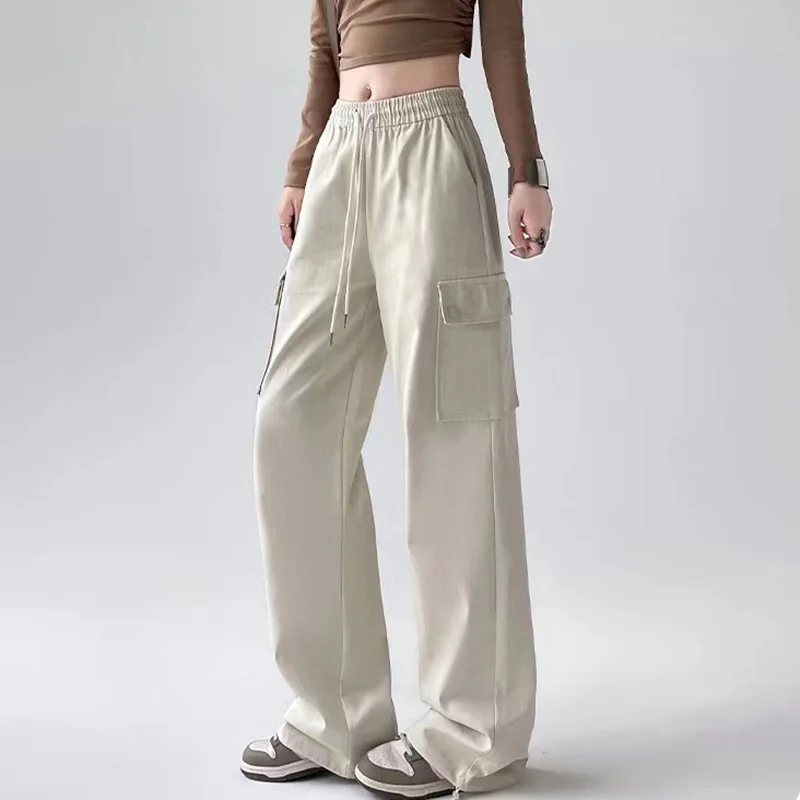2024 Women Cargo Pants Casual Big pocket Wide leg Long Pants Elastic waist Sports outside street trousers for girls