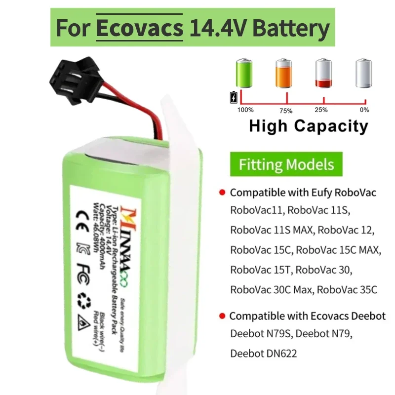 

14.4V 2600mAh Li-ion Battery for Conga Excellence 990 1090 1790 1990 Ecovacs Deebot N79 N79S DN622, Eufy Robovac 30 35C