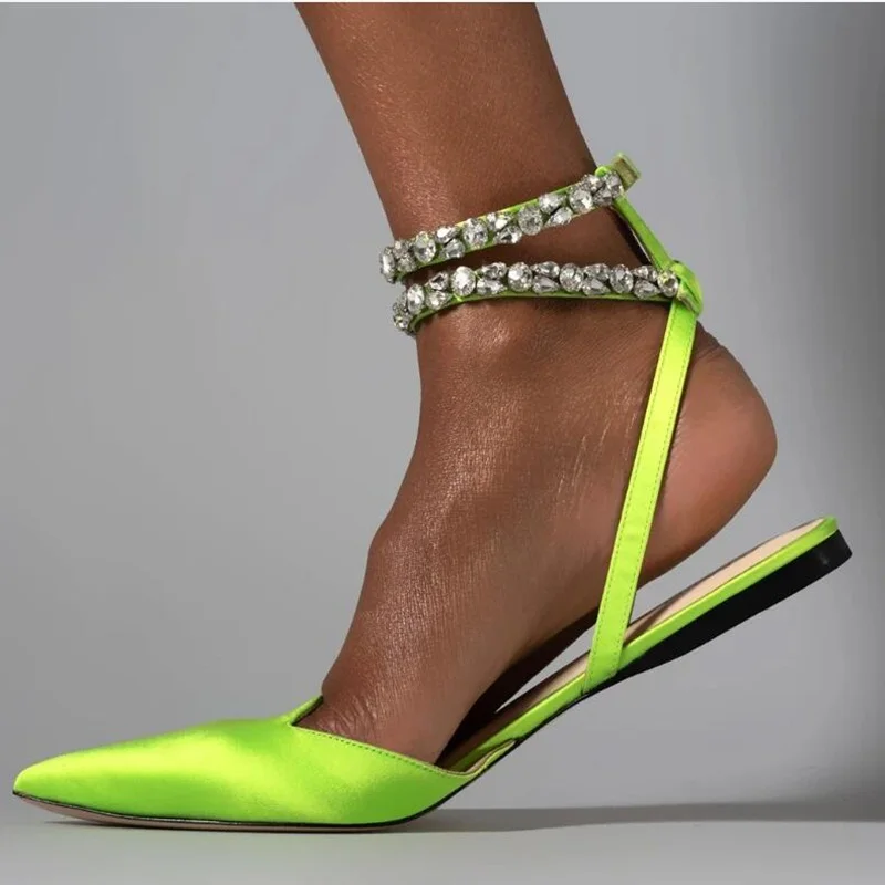 

Fluorescence Iridescent Green Satin Crystal Ankle Strap Flat Shoes Pointed Toe Cutouts Slingback Ballet Flats Pink Blue