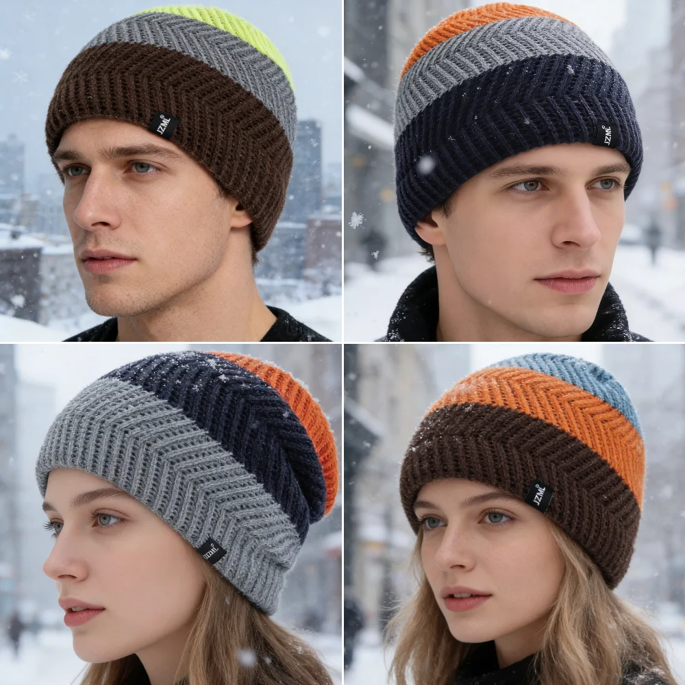 Hot Sale Unisex JZML Label Chic Beanie Hat Casual Colorful Stripes Winter Knitted Hat Daily Life Cozy Hats Ski Sports Cap