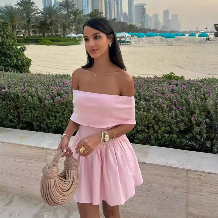 Knitted Off Shoulder Mini Dress Patchwork Ruffled Edge Slash Neck Solid Beach Holiday Princess Dress Cover Up Summer Women