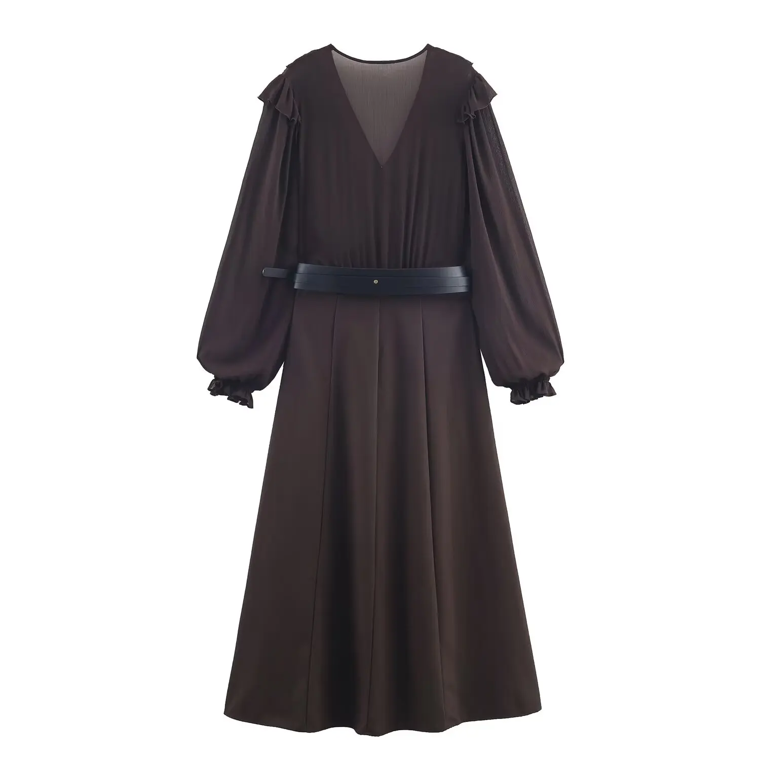 Woman Ruffles Elegant Dress Spring Autumn Fashion Female Party Dress With Belt Lady Long Sleeve V-Neck High Street Casual Dress