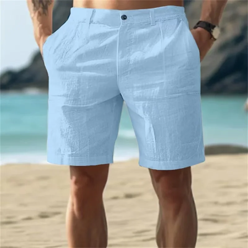 2025 Men's Solid Color Casual Short Pants Linen Beach Breathable Comfortable Straight Short Trousers Hawaiian Holiday Men'S Pant 3