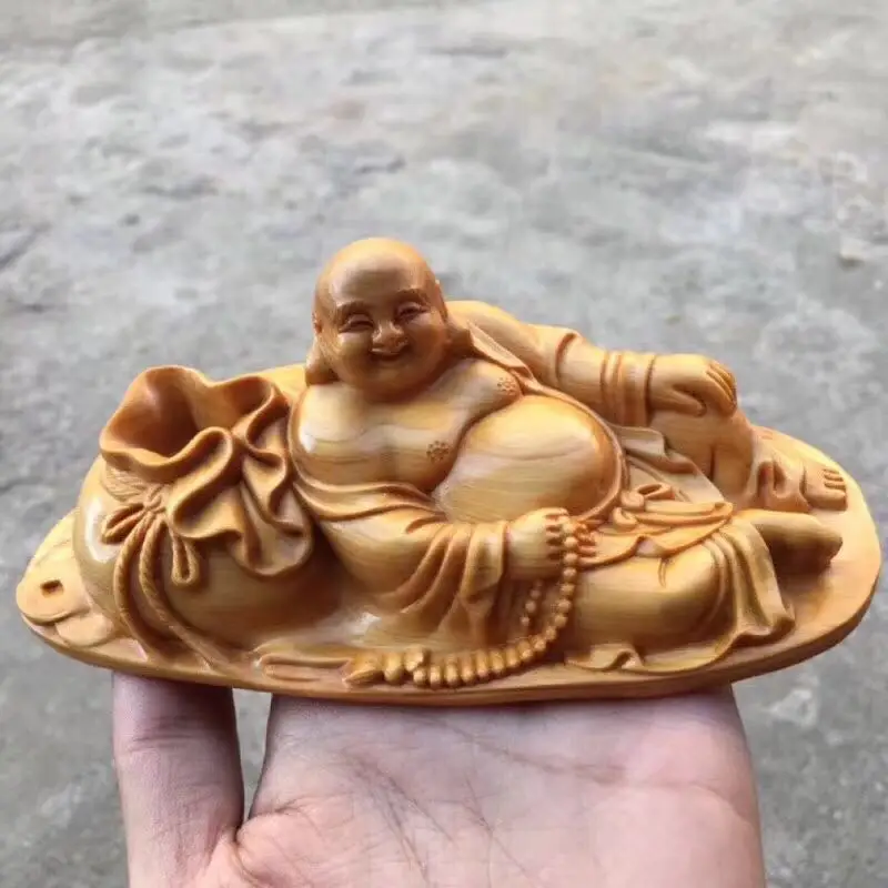 

Boxwood carved Buddha decoration Solid wood carved big belly Buddha cloth bag Maitreya car car safety home decor sculpture