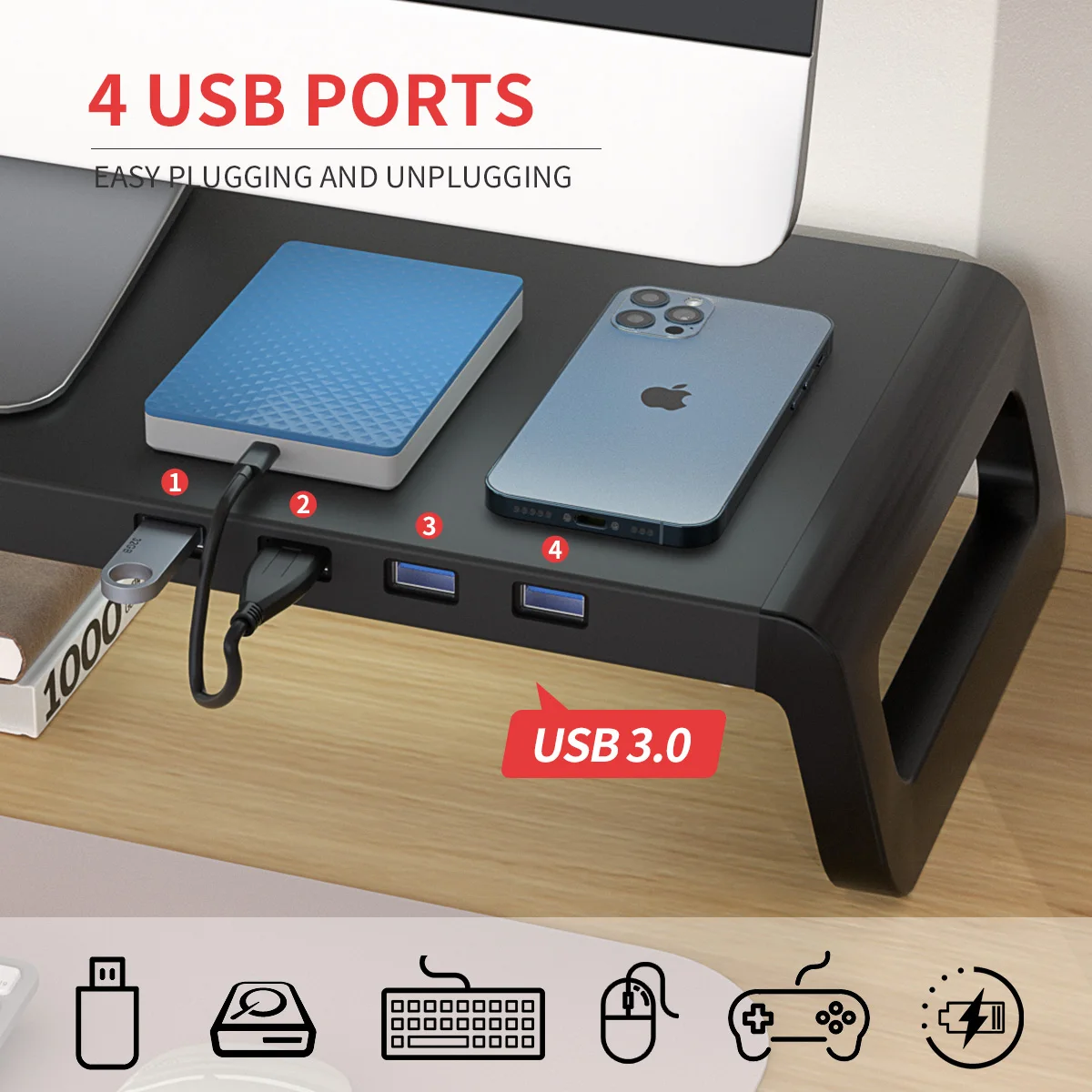Alumínio Alloy Monitor Stand Riser Portas Usb 3.0 Robusto Computador Desktop Laptop Desk Support - Imagem 6