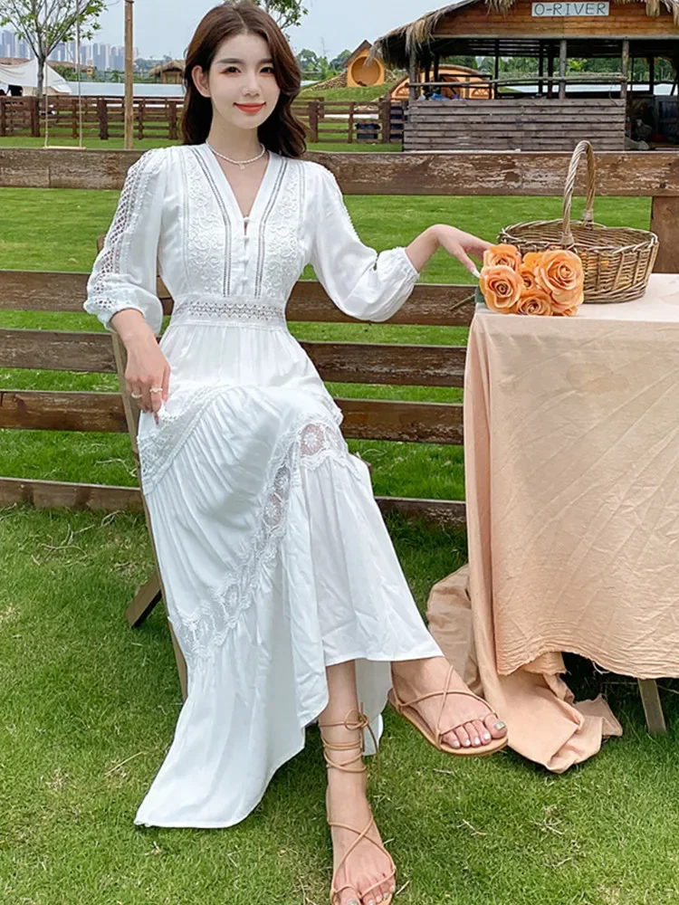aliexpress summer maxi dresses Boho Beach Cover Beach White Summer Maxi Dress Women Beach Long Dress  Spring Summer Slim A-