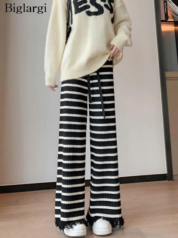 

Knitted Autumn Winter Long Striped Print Wide Leg Pants Women Loose Korean Modis Fringe Ladies Trousers Casual Woman Pants 2023