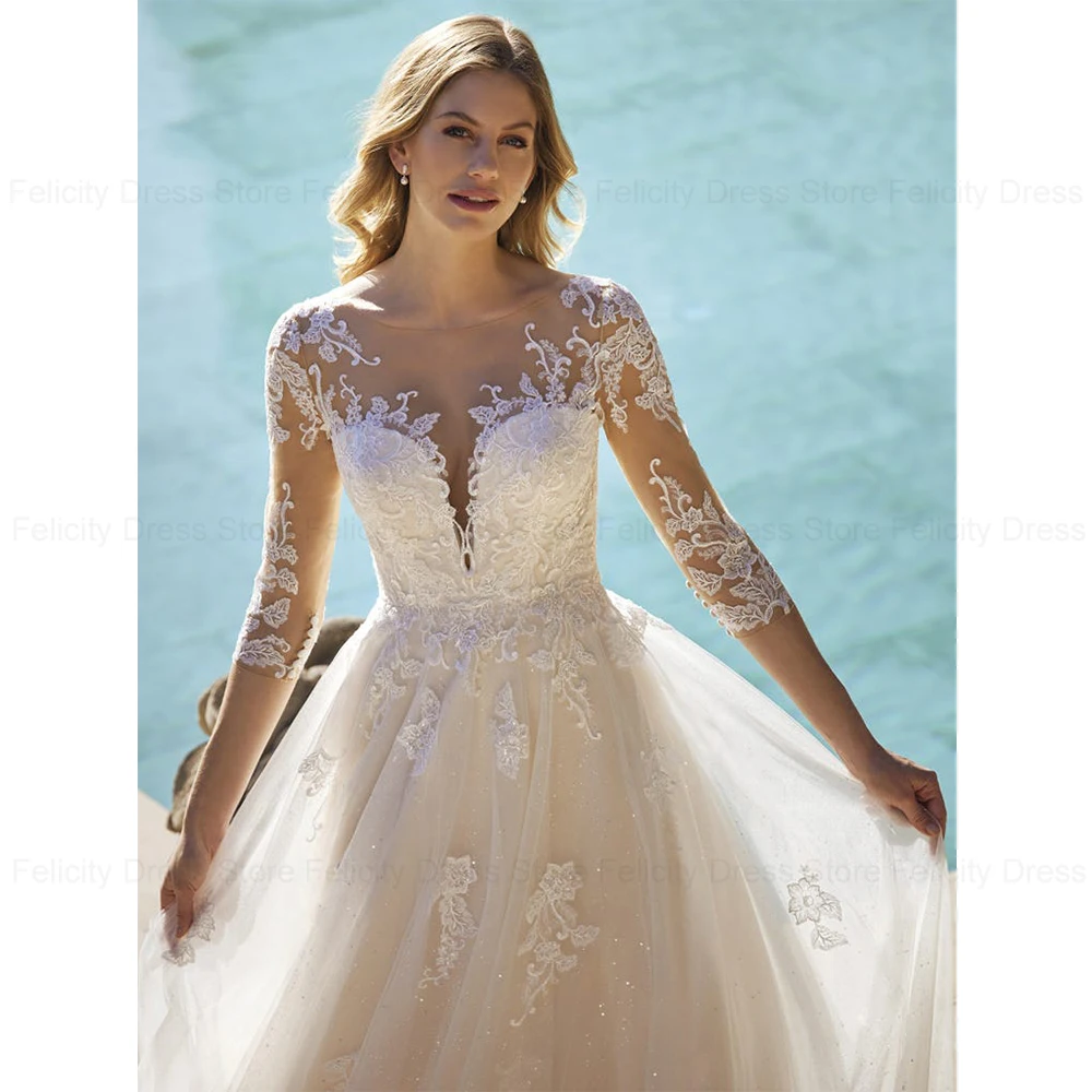 ANGEL Princess Lace Wedding Dresses For Woman Applique 3/4 Sleeves Bride Gowns A-Line Glitter Tulle Illusion Robe De Mariage 3