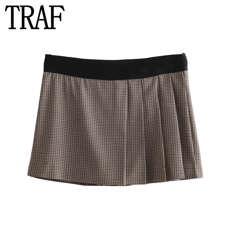 

TRAF Houndstooth Women's Skort Pleated Mini Skirt For Women High Waist Plaid Skirt Shorts Woman Fashion Vintage Short Skirts