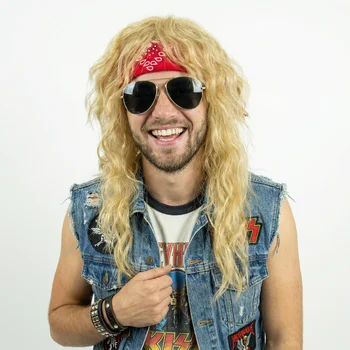 Parrucca Lunga Bionda Stile Anni '70/'80 REEWES con Frangia, Capelli Ricci Sintetici per Uomo, Stile Disco, Hippie, Rock