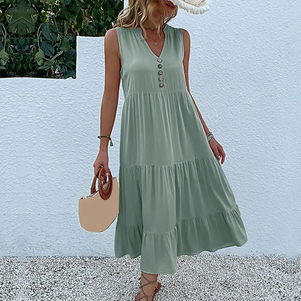 

Lady Vacation Dress Elegant V Neck Midi Dress with Button Decor A-line Hem for Women Soft Flowy Vacation Beach Dress Pure Color