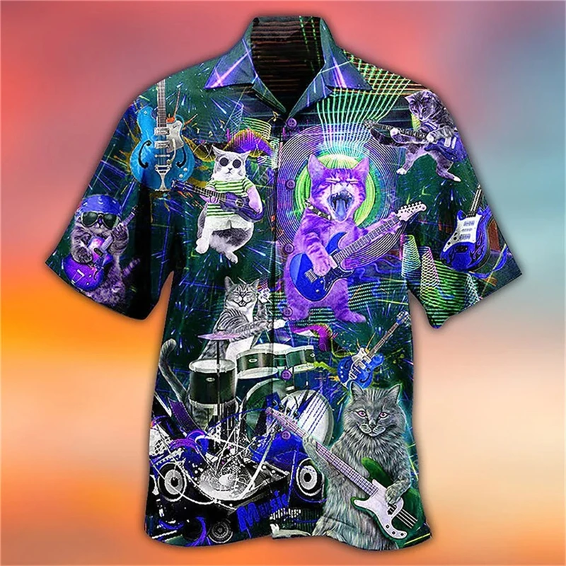 thumbnail image 1 of Camisa hawaiana divertida para hombre, sudadera playera con estampado de gato y música en 3D, camisa de manga corta de diseñador callejero, ropa para hombre de alta calidad, 1 of 5